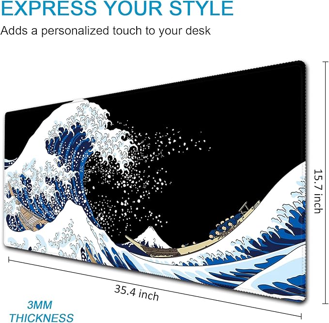 XXL Waterproof Office Desk Pad Protector 35.4x15.7 Inch - Extended Gaming Mouse Pad with Non-Slip Rubber Base, Thickened Keyboard Mat, Stitched Edges & Black Wave Design