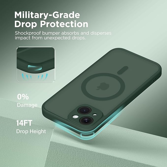 CAPRARO Magnetic for iPhone 14 Case, [Compatible with MagSafe] [Full Camera Protection] Shockproof Protective Slim Translucent Matte Phone Case for iPhone 14 6.1'', Deep Green