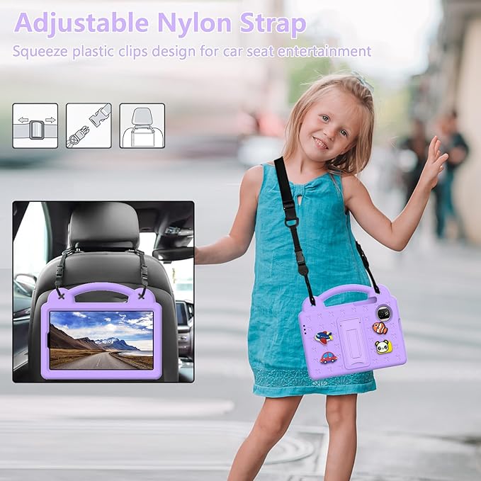 AKABEILA Compatible with Honor Pad X7 8.7 inch 2025 Tablet Case, Kids Friendly Universal Lightweight Shockproof Protective Case with Shoulder Strap & Stand Handle Light Purple