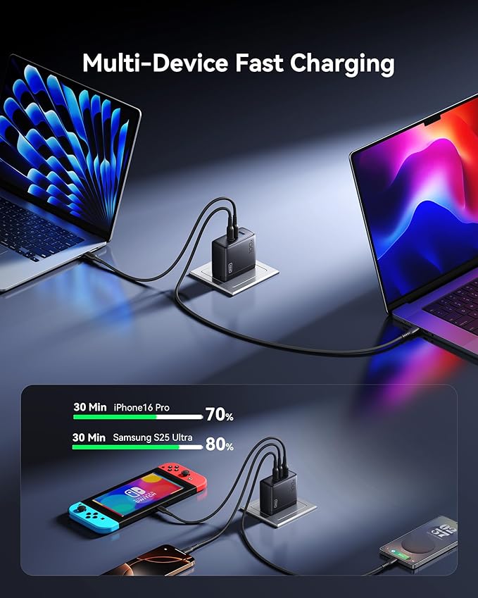 INIU USB C Charger Block, 100W GaN Fast Charging, 3-Port Compact Foldable Travel Charger with Type C Cable, Power Adapter for Mac Book Air Pro 15 14, iPhone 17 16 Pro Max Samsung S26 S24, Switch 2