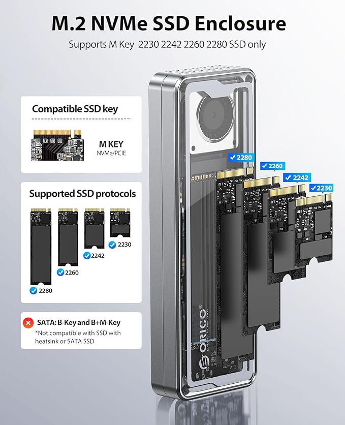 ORICO 40Gbps M.2 NVMe SSD Enclosure with Cooling Fan, Tool-Free Installation Aluminum Crystal NVMe Case, Support 2280 M2 Solid State Drive, Compatible with Thunderbolt 3/4 USB4/3.2/3.1/3.0