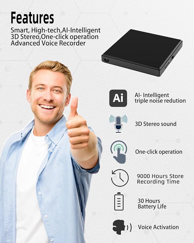 Mini Square Magnetic Voice Recorder 128GB Portable Voice Activated Audio Recorder with Noise Reduction, 9000 Hours Storage, 90 Day Standby, Compatible with Android & iOS