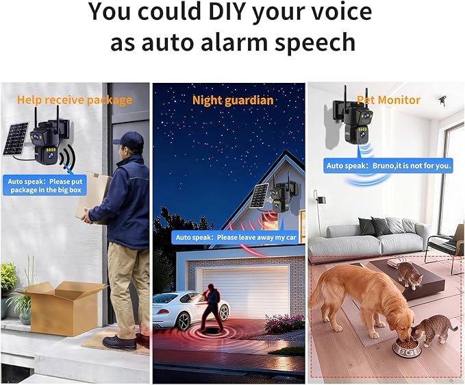 LETSCEE Dual Lens Security Cameras Wireless Outdoor，Solar Cameras for Home Security，Motion Detection,Night Vision,No Month Fee,IP65 Water Proof