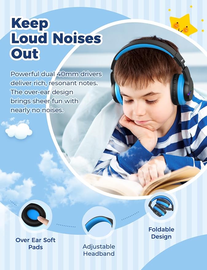iClever BTH12 Kids Bluetooth Headphones,Colorful LED Lights,74/85dBA Safe Volume,85H Playtime,Bluetooth 5.2,Over Ear Wireless Headphone Built-in Mic for iPad/Tablet/Airplane, Deep Black