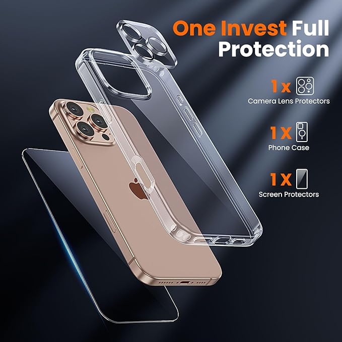 toushion 3 in 1 for iPhone 16 Pro Case Clear,[Yellowing-Resistant Acrylic Back] Screen Protector *1 & Camera Lens Protector*1, Shockproof for iPhone 16 Pro Phone Case 6.3 inch Clear