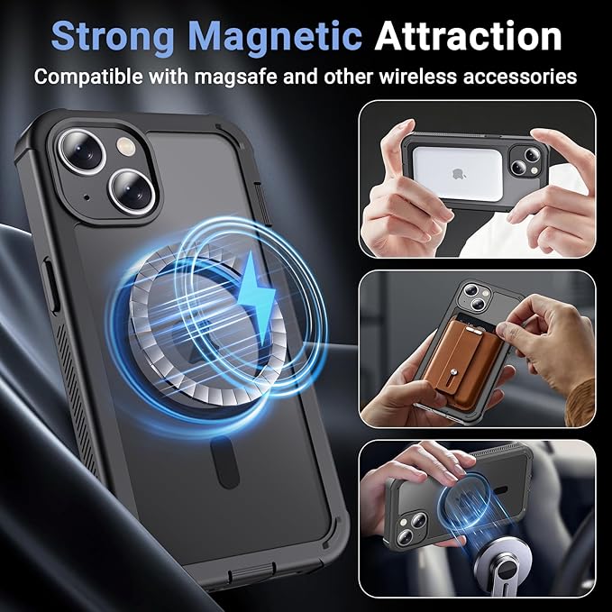 Magnetic for iPhone 13/14 Case,[Screen Protector] [Compatible with MagSafe][Military Grade Drop Protection][Heavy Duty Protection][Shockproof] 2-Layer Durable Bumper Phone Case 6.1"-Black