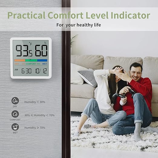 NOKLEAD Indoor Hygrometer Thermometer - Digital Temperature & Humidity Monitor with Calibration, Clear LCD Display & Clock, Accurate Room Gauge for Home, Baby Room, Office (White)