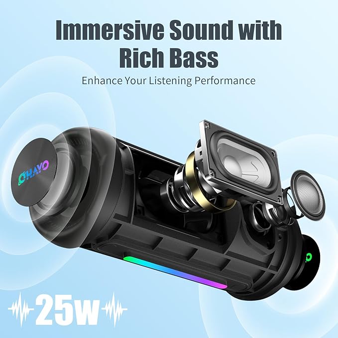 Bluetooth Speaker Wireless Loud Stereo Sound IPX7 Waterproof Outdoor Portable 25W Super Bass Speakers for Home Party Beach with 24H Playtime Colorful Lights BT 5.3 TWS Pairing Birthday Gift Black
