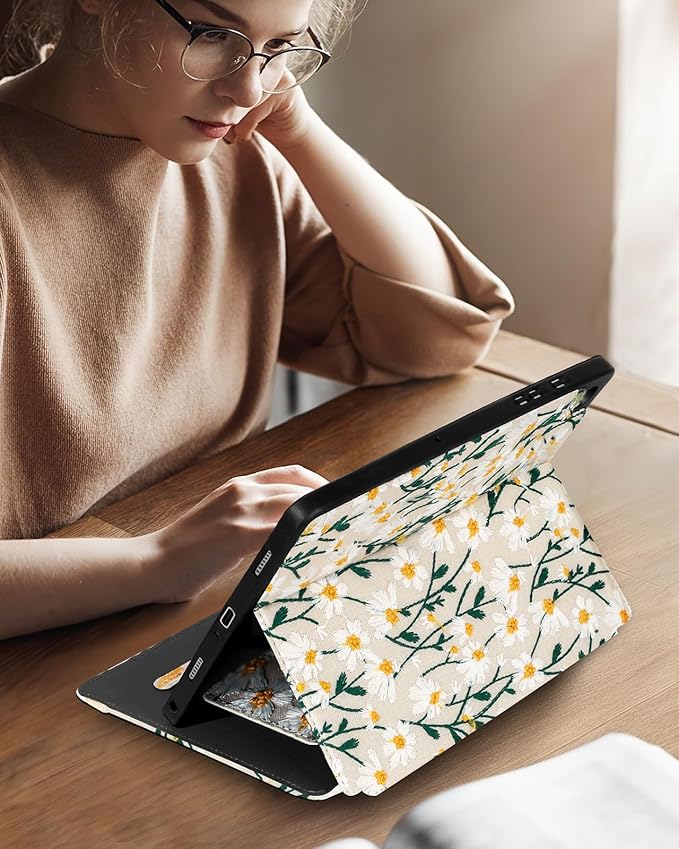 Uppuppy for Samsung Galaxy Tab A9 Plus Case 11'' - Women Girls Cute Embroidered Folio Stand Cover with Pencil Holder & Card Slot Girly White Daisy Flower Design Aesthetic Cases for Samsung Tab A9 Plus