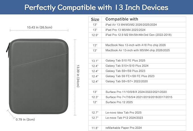 Dadanism 13 Inch Tablet Sleeve Bag Carrying Case for iPad Pro 13" M5/M4 2025/2024, iPad Air 13" M4/M3 2026/2025, iPad Pro 12.9", Galaxy Tab S10+/S9 FE+/S9+ 12.4", Remarkable Paper Pro 11.8", Dark Gray