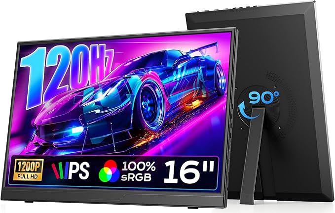 Dopesplay 120Hz Portable Gaming Monitor 16" 1200P FHD 100% sRGB Portable Display with Adjustable Stand, USB-C & HDMI External Monitor & Travel Screen for Laptop Mac PC Phone Xbox PS5 Switch
