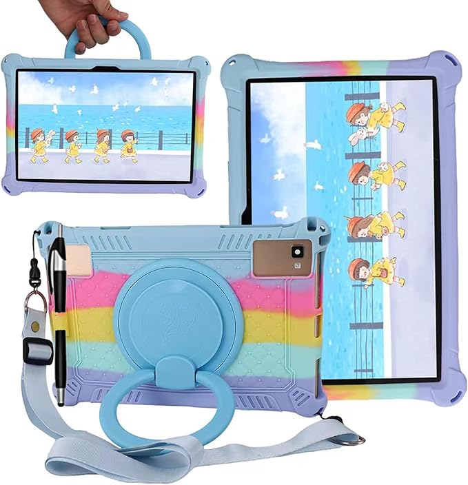 Tablet Case for TCL Tab 10 5G 10.1 Inch/TCL Tab 10S 9081X/9080G,Soft Anti-Stress Silicone Case with Rotate Stand/Pencil Holder/Shoulder Strap/Pen for TCL Tab 10.1 Inch (Colorful Light Blue)