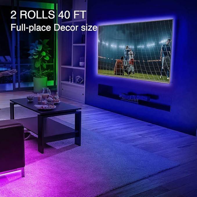 phopollo Led Lights 40ft (2 Rolls of 20ft) for Bedroom RGB Color Changing Led Lights Kit with Power Supply and Remote