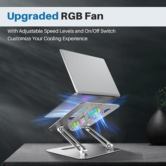 YICOSUN Adjustable Laptop Cooling Stand with 2 Quiet Fans & RGB Lighting, Aluminum Alloy & Foldable Ergonomic Design for MacBook, Lenovo, ASUS, Dell 10-16 Inch, Perfect for Gaming, DJ, Office - Silver
