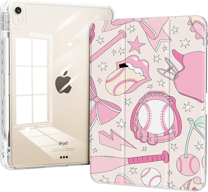 Case for iPad Air 11 Inch M3 (2025)/M2 (2024), iPad Air 10.9" 5th/4th Generation Case 2022/2020 Pink Girly, Slim Trifold Stand Transparent Clear Back Cover with Pencil Holder, Baseball