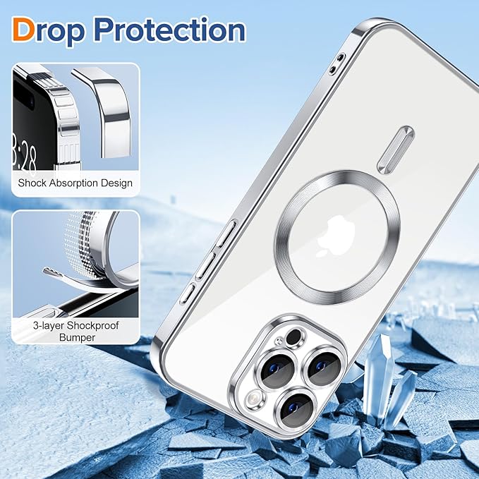Hython Magnetic Clear for iPhone 16 Pro Case with Camera Lens Protector [Compatible with MagSafe] Luxury Plating Edge Slim Soft TPU Cover Protective Phone Case for iPhone 16 Pro 6.3", Silver