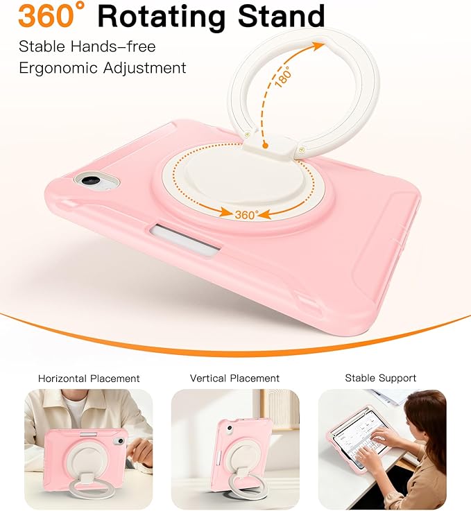BATYUE Shockproof Case for iPad mini 7 (A17 Pro)/ Mini 6 8.3 inch (2024/2021) - 360° Multi-Angle Stand (Portrait & Landscape) & Grip, Built-in Pencil Holder, Pink