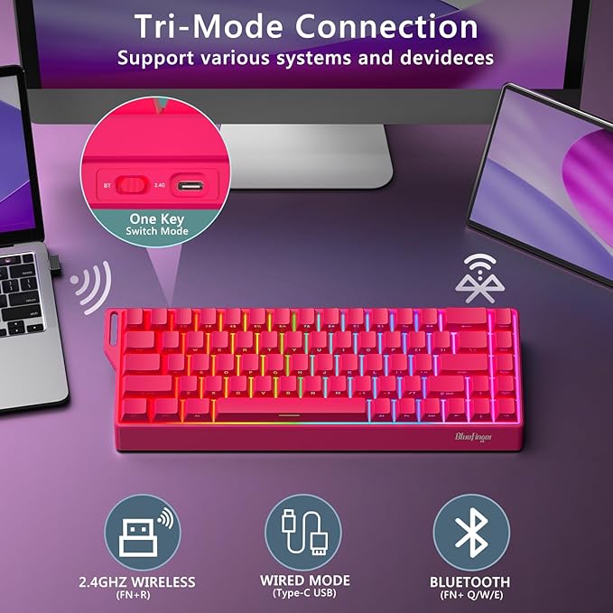 BlueFinger 60% Wireless Mechanical Gaming Keyboard, Bluetooth/2.4G/USB-C Hot Swappable RGB Backlit Keyboard with Side-Printed PBT Keycaps, for MAC Xbox PC PS5, Pink