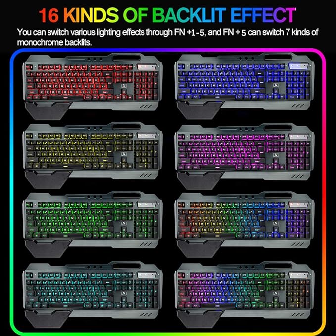 Wireless Gaming Keyboard Mouse Bluetooth Headset Kit with 16 RGB Backlit Rechargeable Battery Metal Mechanical Ergonomic Waterproof Dustproof Removable Palm Rest for Laptop PC Gamer(Rainbow RGB)