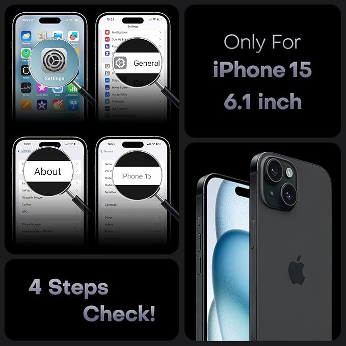 TOCOL for iPhone 15 Case, Upgraded Full Camera Protection, Rugged Phone Case for iPhone 15 6.1 Inch, Non-Slip, Drop Protection, Anti-Scratch, Dark Black