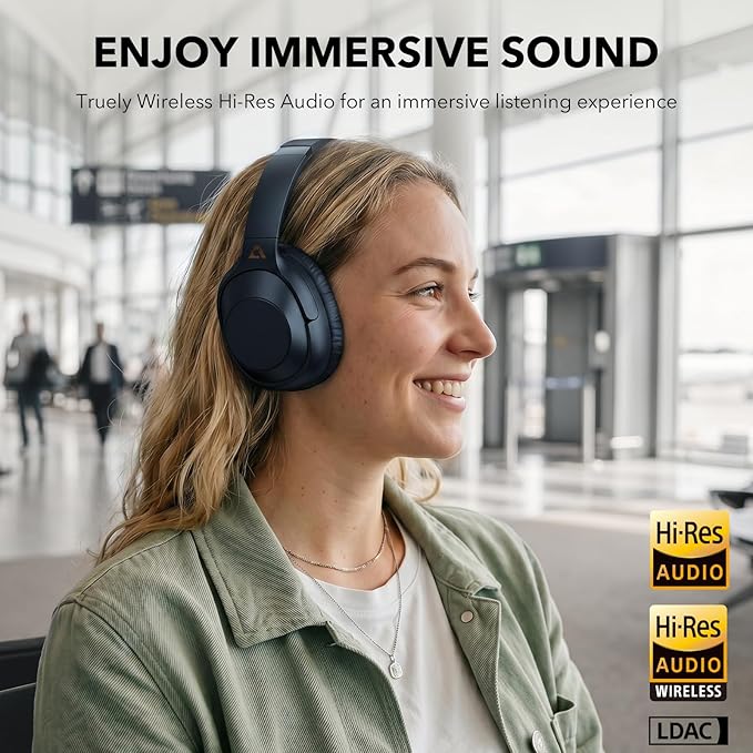 Bluetooth 6.0 Active Noise Cancelling Headphones for Airplane Travel, LDAC Hi-Res Audio, 90H Playtime Wired and Wireless Headphones, Over Ear ANC Headset for Home Office, Custom EQ via APP, Blue