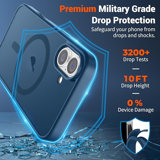 SUPFINE Magnetic for iPhone 16 Case (Compatible with MagSafe) (Military Grade Drop Protection) Translucent Matte Shockproof with Anti-Fingerprint Phone Case,Deep Blue