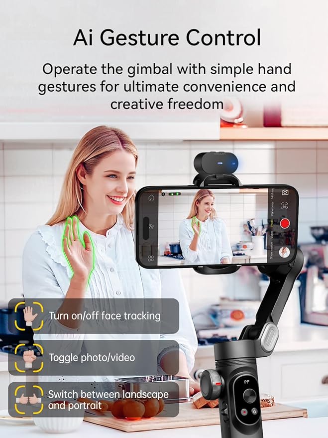 AOCHUAN Gimbal Stabilizer for iPhone with AI Vision Sensor for Face Tracking, 3-Axis Phone Gimbal w/OLED Display for Vlog Recording, Compatible with iPhone/Android-Smart XPro AI Black
