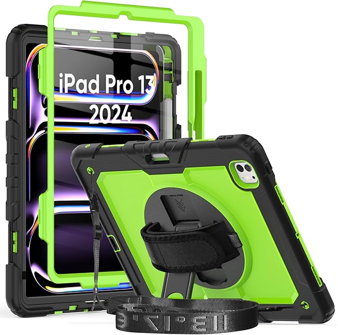 Case Compatible with iPad Pro 13 Inch 7th Generation M4 with Screen Protector Pen Holder | Heavy Duty Silicone Rugged Protection Cover W/Stand Hand Shoulder Strap | Green