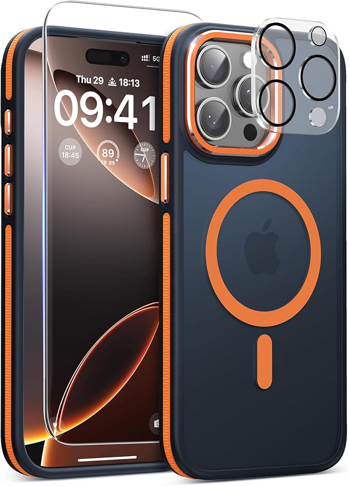 Magnetic 3 in 1 for iPhone 15 Pro Case, [Omni-Directional Protection] with 1x Screen Protector + 1x Camera Cover, [Seamless Work with Magsafe] Protective Silm Case for iPhone 15 Pro Cosmic Orange