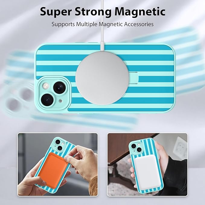 KANGHAR Compatible with iPhone 15 Case, Support for MagSafe, Silicone Stripes Cute Pattern, Wristband Kickstand Camera Protection Soft Slim Cover for Girls Women -Blue