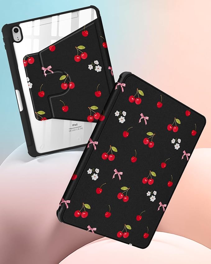 Uppuppy for iPad mini 7 Case (A17 Pro) for iPad mini 6th Generation Case - 360 Rotating Stand Folio Smart Cover with Pencil Holder for Women, Cherry Bow Flower for Apple Tablet Mini 8.3” 2024/2021