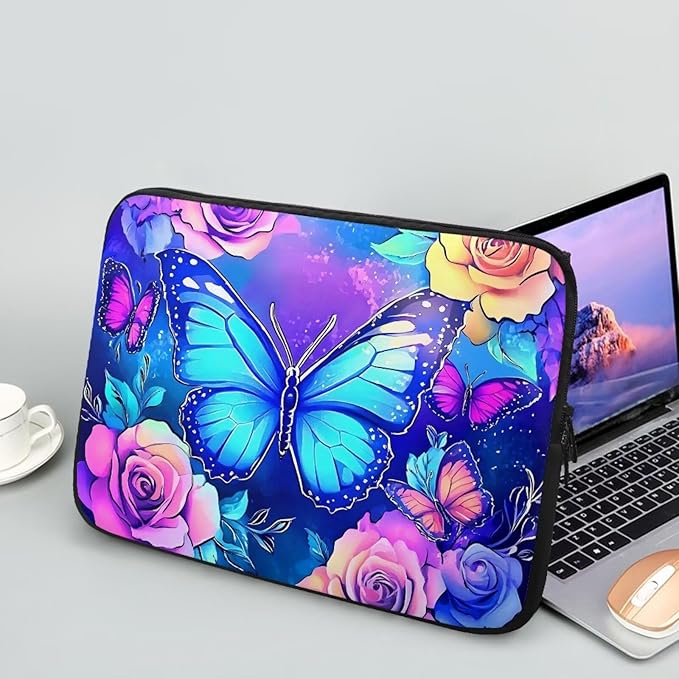 Butterfly Computer Sleeve for Women Laptop Sleeve 15inch Neoprene Lap Top Case with Padded Compartment Computer Carrying Case Purple Rose Laptop Sleeve Bag