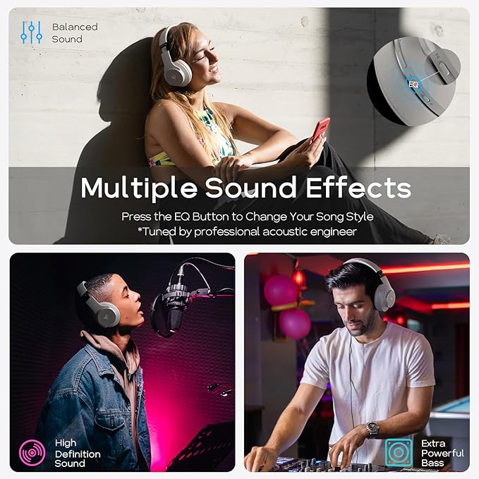 DOQAUS Bluetooth Headphones Over the Ear Wireless with 90H Playtime & 3 EQ Modes, HiFi Deep Bass, Premium Memory Foam & Mic for Travel, Home and Commuting