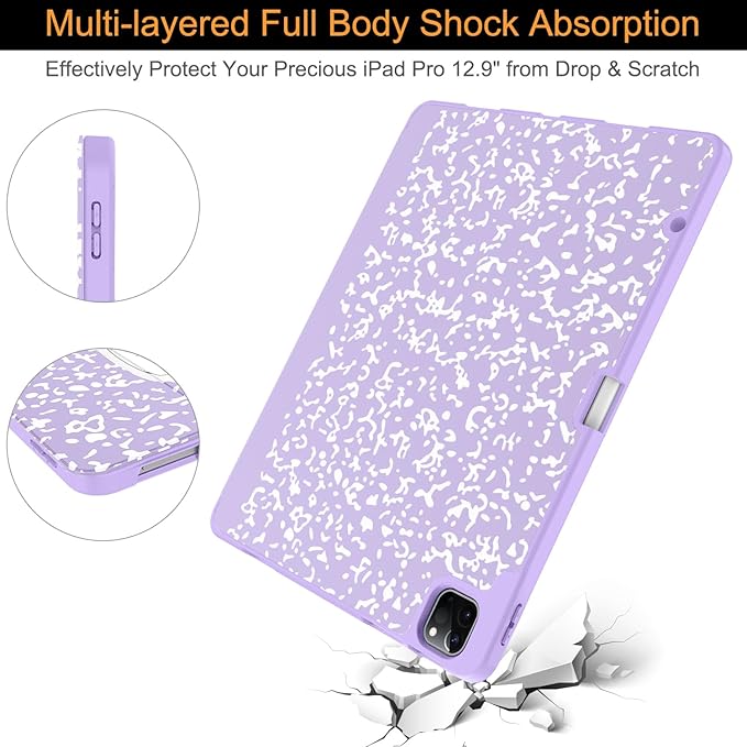Soke Case for iPad Air 13 Inch (M4/M3/M2,2026-2024), iPad Pro 12.9" 6th/5th Generation with Pencil Holder(2021 2022 Release)-[Apple Pencil Charging + Auto Wake/Sleep] Soft Back Cover, Book Lilac