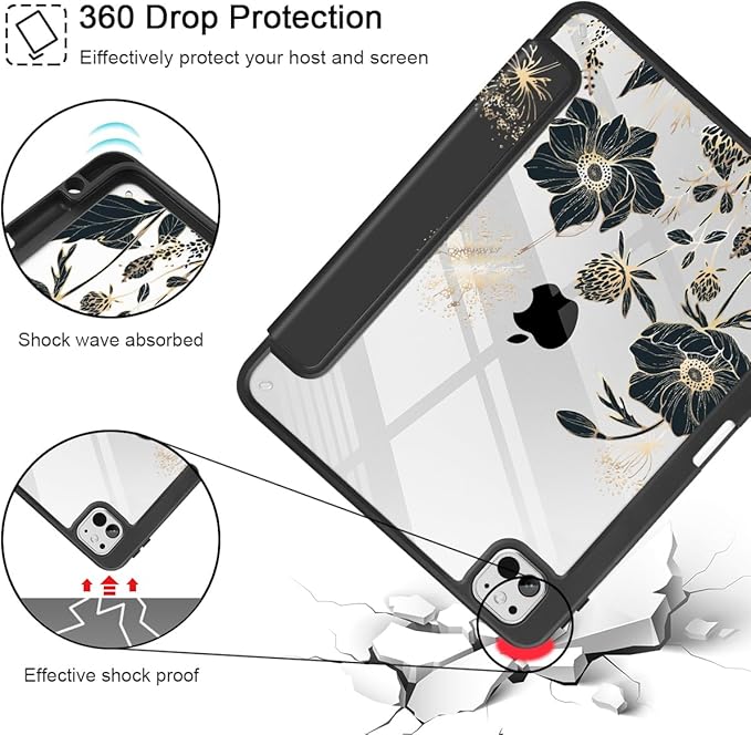 May Chen for iPad Pro 13 Inch Case M5 2025 / M4 2024, Built Pencil Holder & Clear Transparent Print Back Shell Slim Stand Shockproof Tablet Cover, Auto Wake/Sleep, Abstract Floral