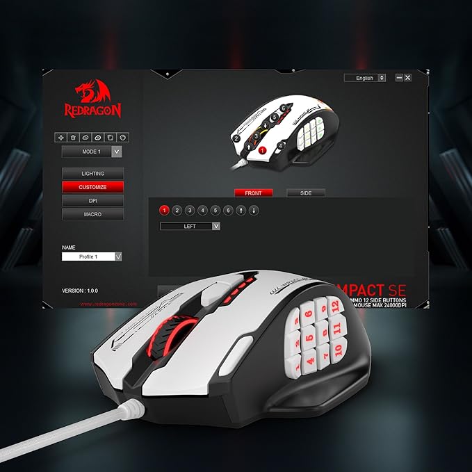 Redragon M908 Impact RGB MMO Gaming Mouse, Optical Wired Ergonomic Mouse with Max 24,000 DPI, High Precision, 18 Programmable Macro Shortcuts, Comfort Grip, Black & White