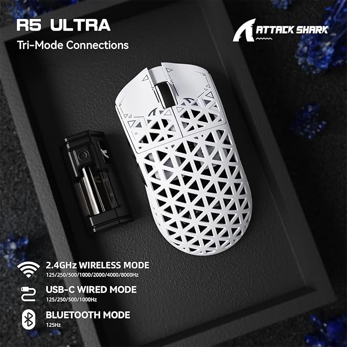 ATTACK SHARK R5 Ultra Wireless Gaming Mouse,39g Superlight Carbon Fiber Hollowed-Out,PAW3950MAX Optical Sensor Nordic 52840 MCU 8K Polling 42K DPI,BT/2.4G/USB-C Mice with Coiled Cable for PC/Mac-White