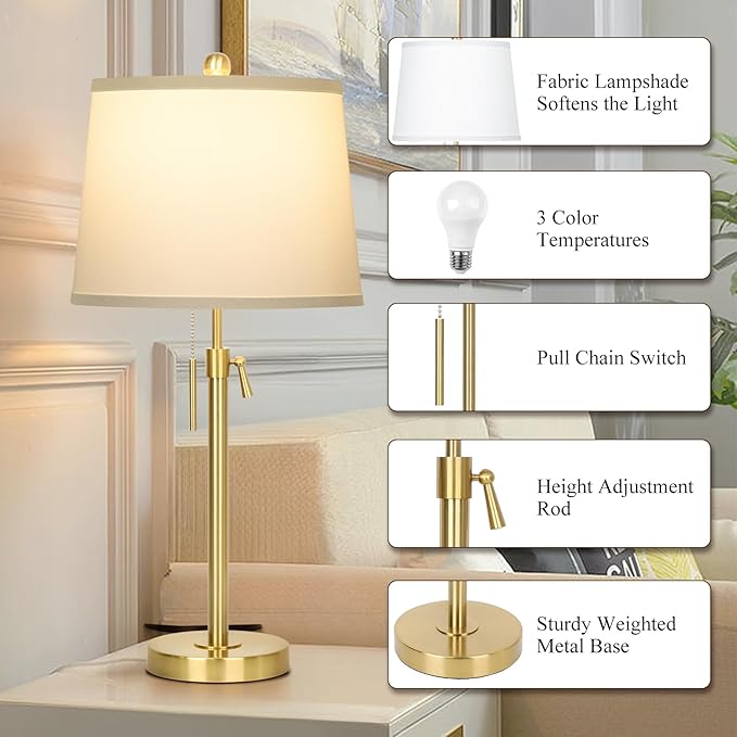 JUNNAI 2 Pack 22"-30" Adjustable Height Table Lamps Set, Modern Gold Table Lamps with White Shade 3 Colour Temperature Pull Chain Tall Lamps for Living Room Bedroom Bedside End Table Nightstand