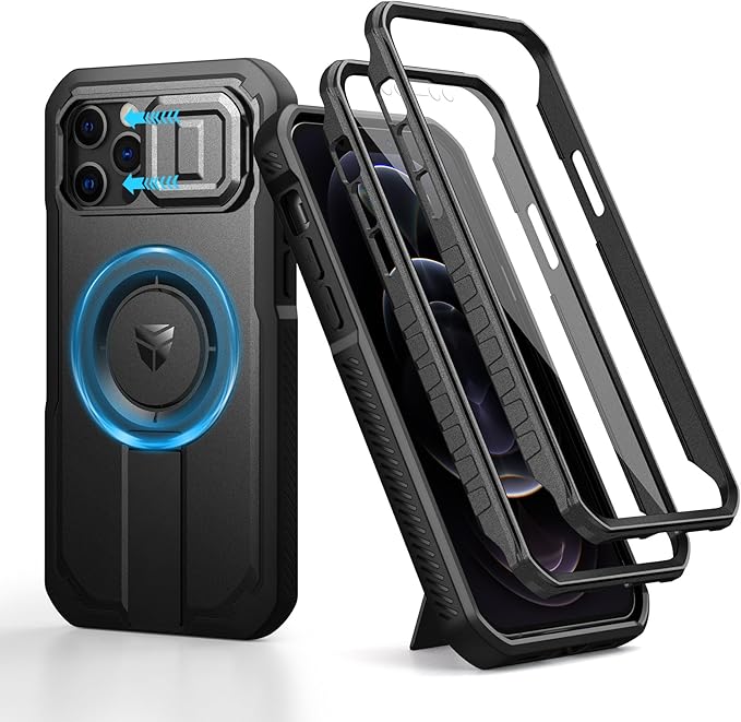 Dexnor for iPhone 12 & iPhone 12 Pro Case with Slide Camera Cover & Adjustable Kickstand & Built-in Screen Protector,Magsafe Rugged Shockproof Bumper Cases Heavy-Duty Magnetic Protective Cover,Black