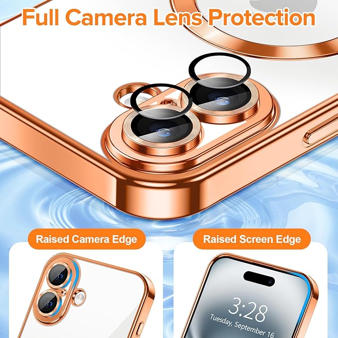 Hython Magnetic Clear for iPhone 16 Plus Case with Camera Lens Protector [Compatible with MagSafe] Luxury Plating Edge Slim Soft TPU Cover Protective Phone Case for iPhone 16 Plus 6.7", Orange