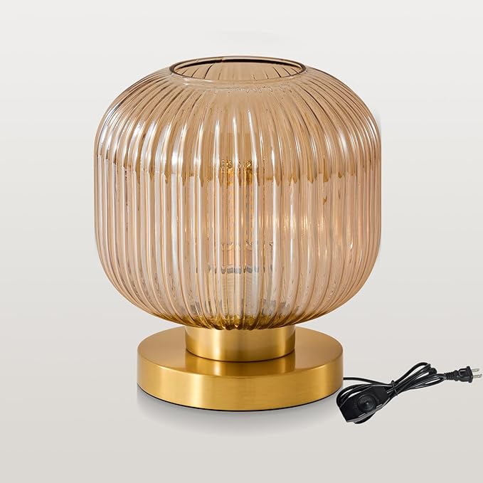 Mid Century Globe Table Lamp: Amber Vintage Pumpkin Ribbed Glass Dimmable Plug in Bedside Lamps - Cute Brass Gold Modern Side Table Lamp Nightstand Light for Bedroom Entryway Office Desk Living Room