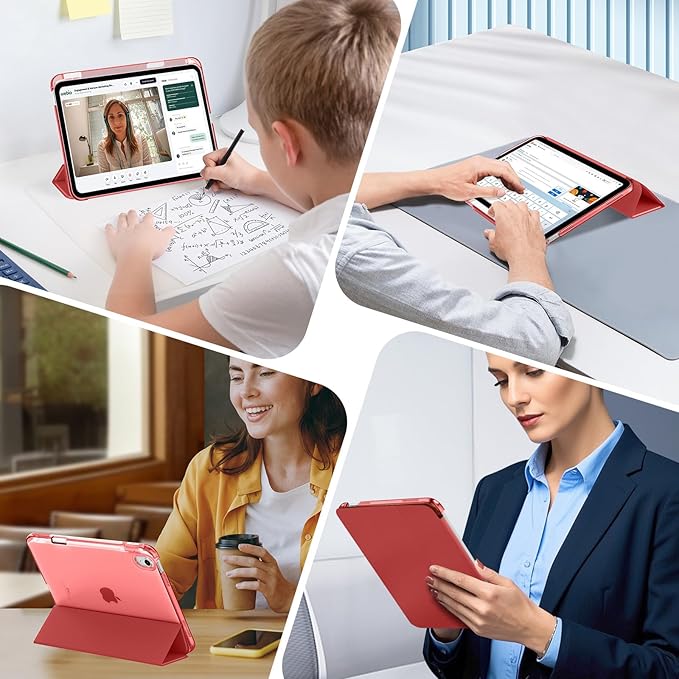 MoKo for iPad Air 11 inch Case (M4/M3/M2) 2026/2025/2024, iPad Air 5th/4th Gen 10.9 inch Case 2022/2020 with Pencil Holder, Slim Light Trifold Cover with Hard PC Translucent Back Shell, Touch ID, Red