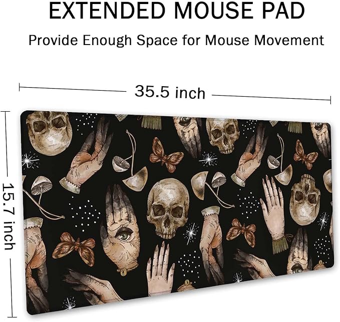 SSOIU Extended Gaming Mouse Pad (35.5x15.7 in), Large Stable Rubber Base Mousepad with Stitched Edges, Keyboard Mouse Mat Desk Pad for Work, Game, Office, Home - Magical Skull Pattern with Witch Hands
