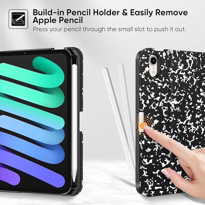 Fintie Folio Case for iPad Mini 7 (A17 Pro, 7th Generation) 2024 / iPad Mini 6 (6th Gen) 8.3 Inch, Multi-Angle Smart Stand Cover with Pencil Holder & Pocket, Auto Sleep/Wake, Composition Book