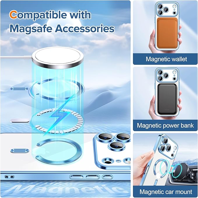 Hython Magnetic Clear for iPhone 17 Pro Max Case with Camera Lens Protector [Compatible with MagSafe] Plating Edge Slim Soft TPU Cover Protective Phone Case for iPhone 17 Pro Max 6.9", Light Blue