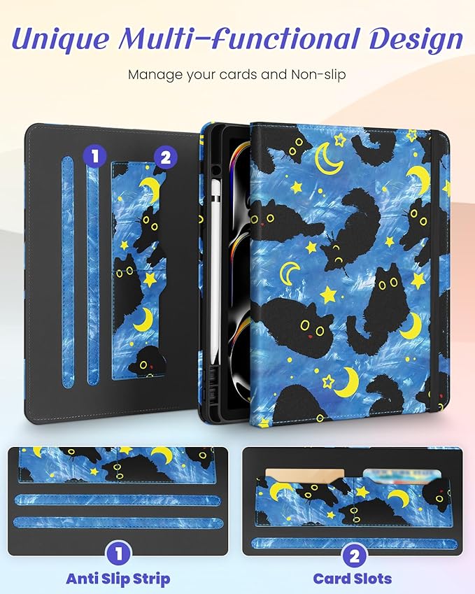 Kidcube for iPad Pro 13 Inch Case M4 2024 - Women Girls Cute Rotating Stand Folio Cover with Pencil Holder & Card Slot Girly Cat Stars Blue Design for iPad Pro 13 Inch Case 2024 (A2925 A2926 A3007)