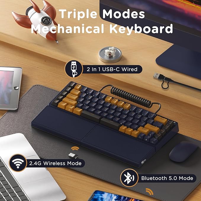 RK ROYAL KLUDGE RKS70 Ergonomic Split Keyboard, Wireless PC Gaming Keyboard with Bluetooth/2.4G/Wired, Hot Swappable Mechanical Keyboards w/Fixed Wrist Rest, PBT Keycaps, Tactile Switches, Black