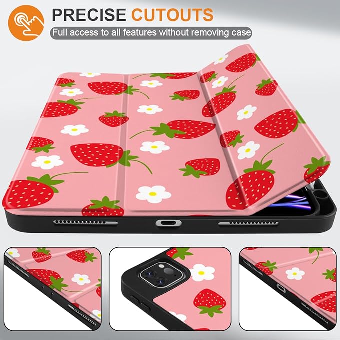 MEEgoodo Case for iPad Pro 12.9 Case M2 6th/5th/4th/3rd Generation 2022 2021 2020 2018, Protective Tablet Cover with Soft Back Shell for Kids, Strawberries & Flowers