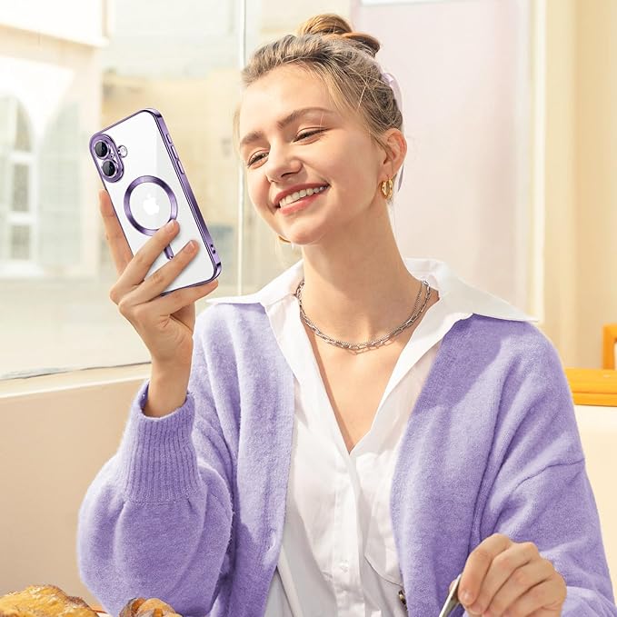 Hython Magnetic Clear for iPhone 16 Case with Camera Lens Protector [Compatible with MagSafe] Luxury Plating Edge Slim Soft TPU Cover Protective Phone Case for iPhone 16 6.1", Deep Purple