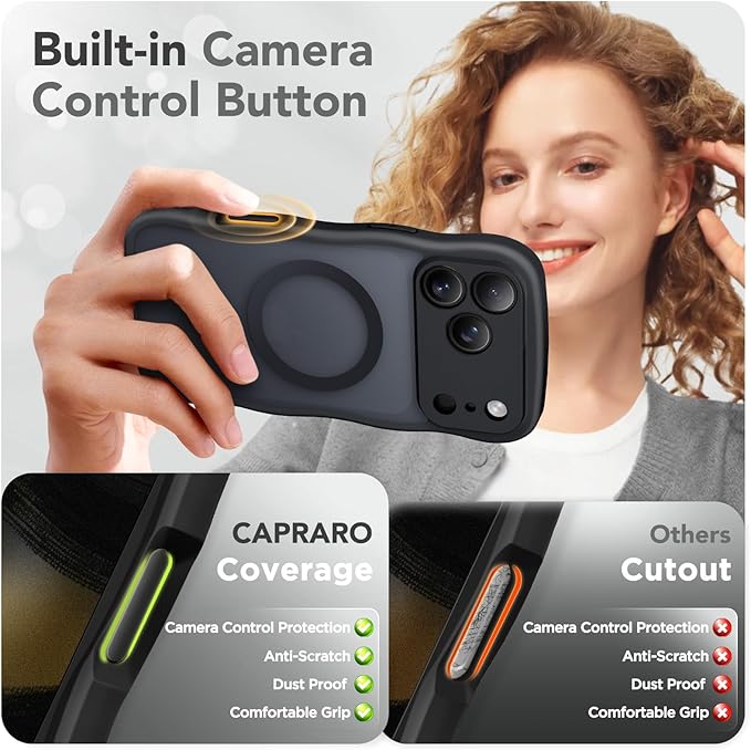 CAPRARO Magnetic for iPhone 17 Pro Max Case for Women Girls, Upgraded [Full Camera Protection] [Compatible with MagSafe] Cute Wave Translucent Matte Phone Case for iPhone 17 Pro Max, Black